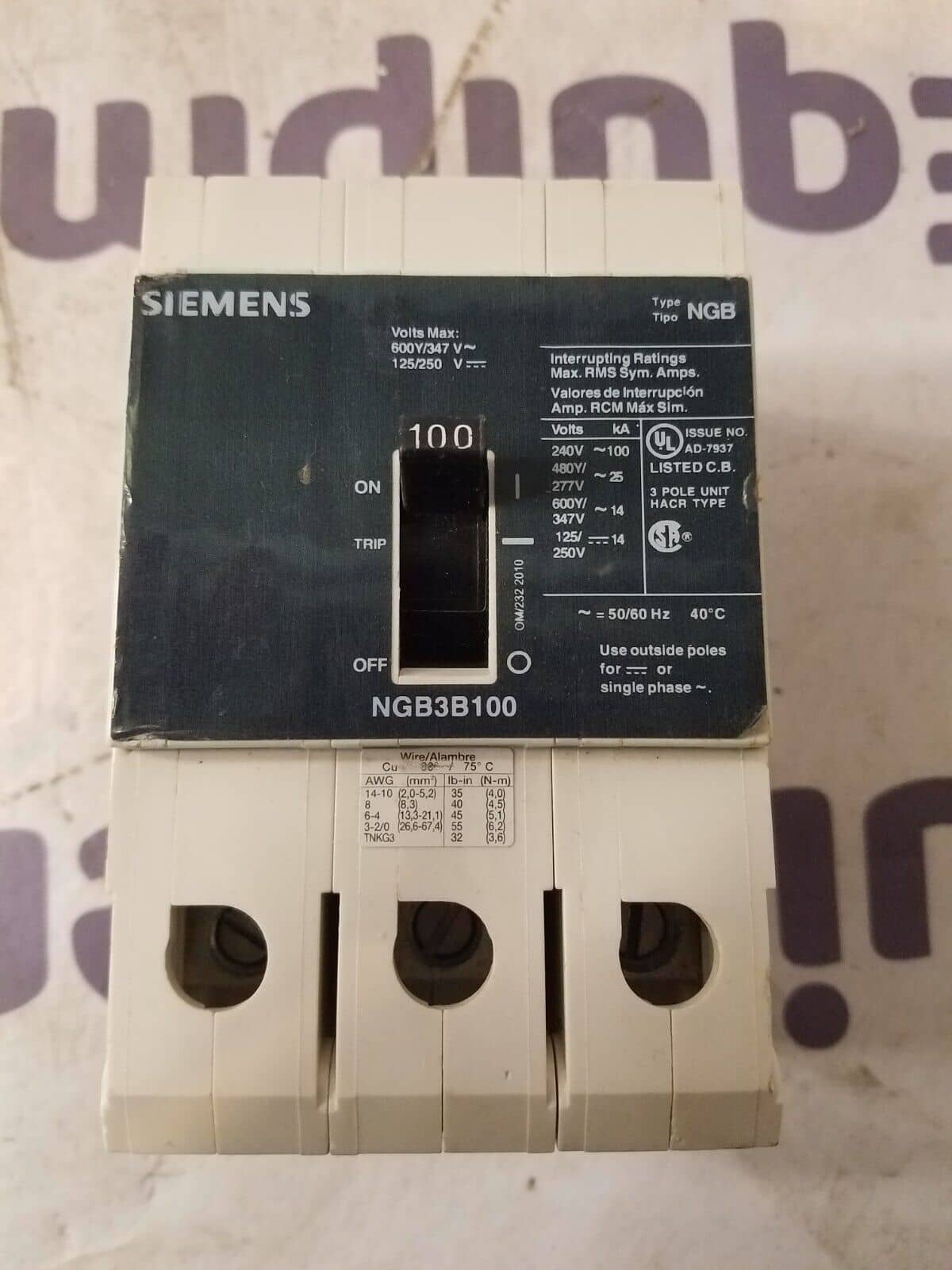 100 Amps, Siemens #NGB3B100, Circuit Breaker, 3-Pole, 600 Volts, Bolt-On - Image 2