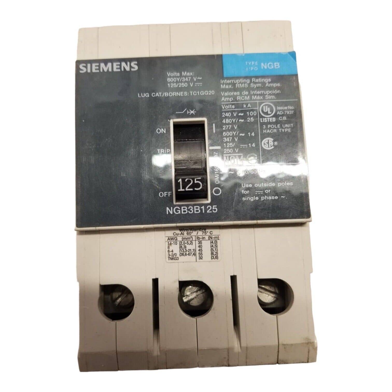125 Amps, Siemens #NGB3B125, Circuit Breaker, 3-Pole, 600 Volts, Bolt-On - Image 1