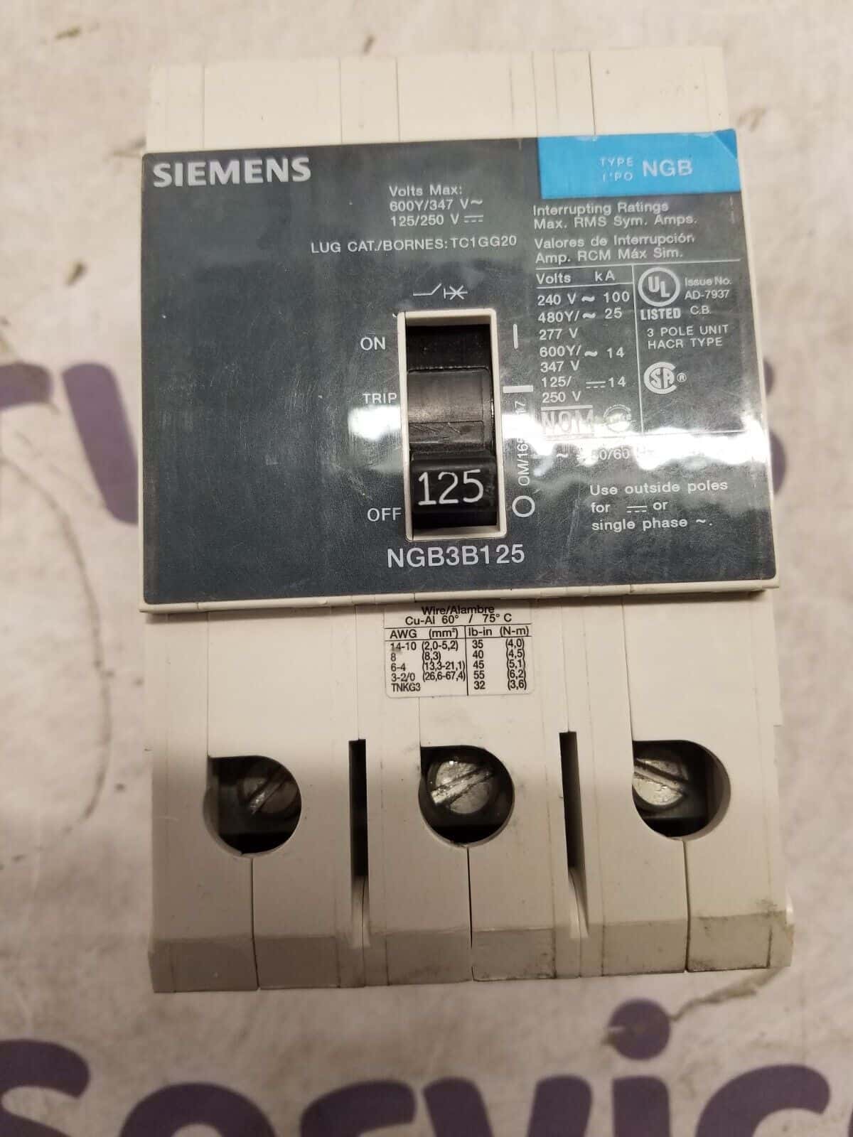 125 Amps, Siemens #NGB3B125, Circuit Breaker, 3-Pole, 600 Volts, Bolt-On - Image 2