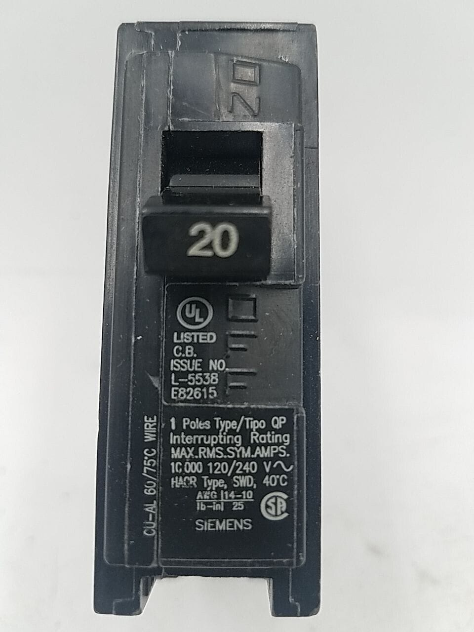 20 Amps, Siemens #Q120, Circuit Breaker, 1-Pole, 240/120 Volts - Image 1
