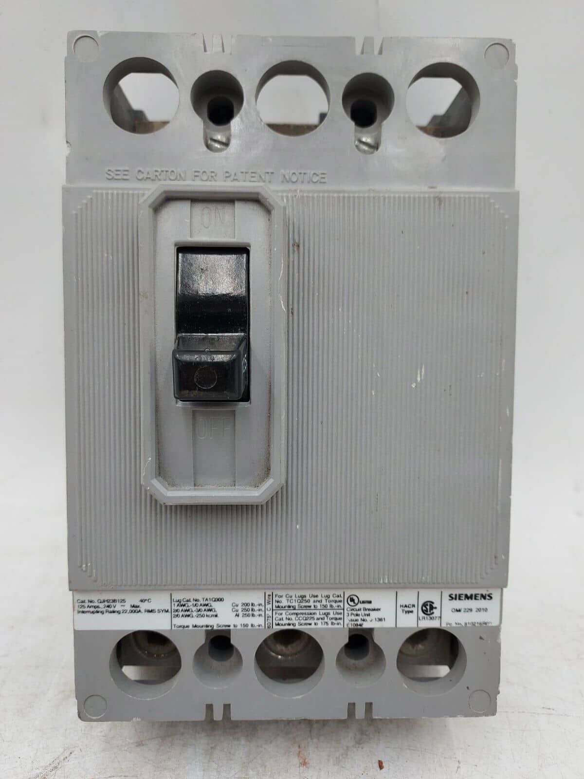 125 Amps, Siemens #QJH23B125, Circuit Breaker, 3-Pole, 240 Volts, Bolt-On - Image 1