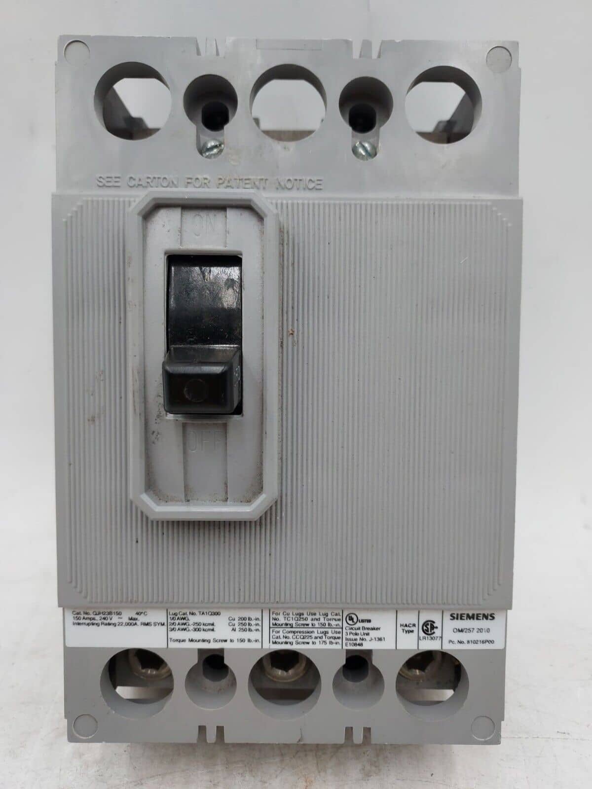 150 Amps, Siemens #QJH23B150, Circuit Breaker, 3-Pole, 240 Volts, Bolt-On - Image 1