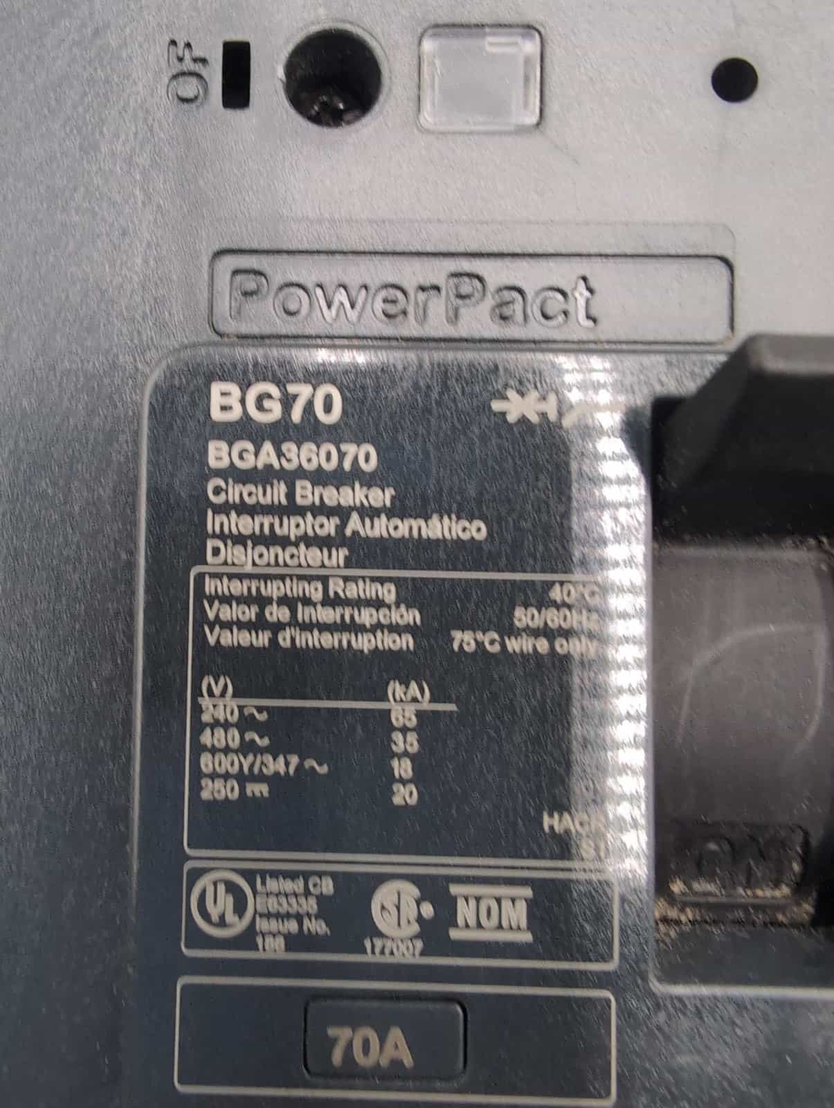 70 Amps, Square D #BGA36070, Circuit Breaker, 3-Pole, 600 Volts - Image 2