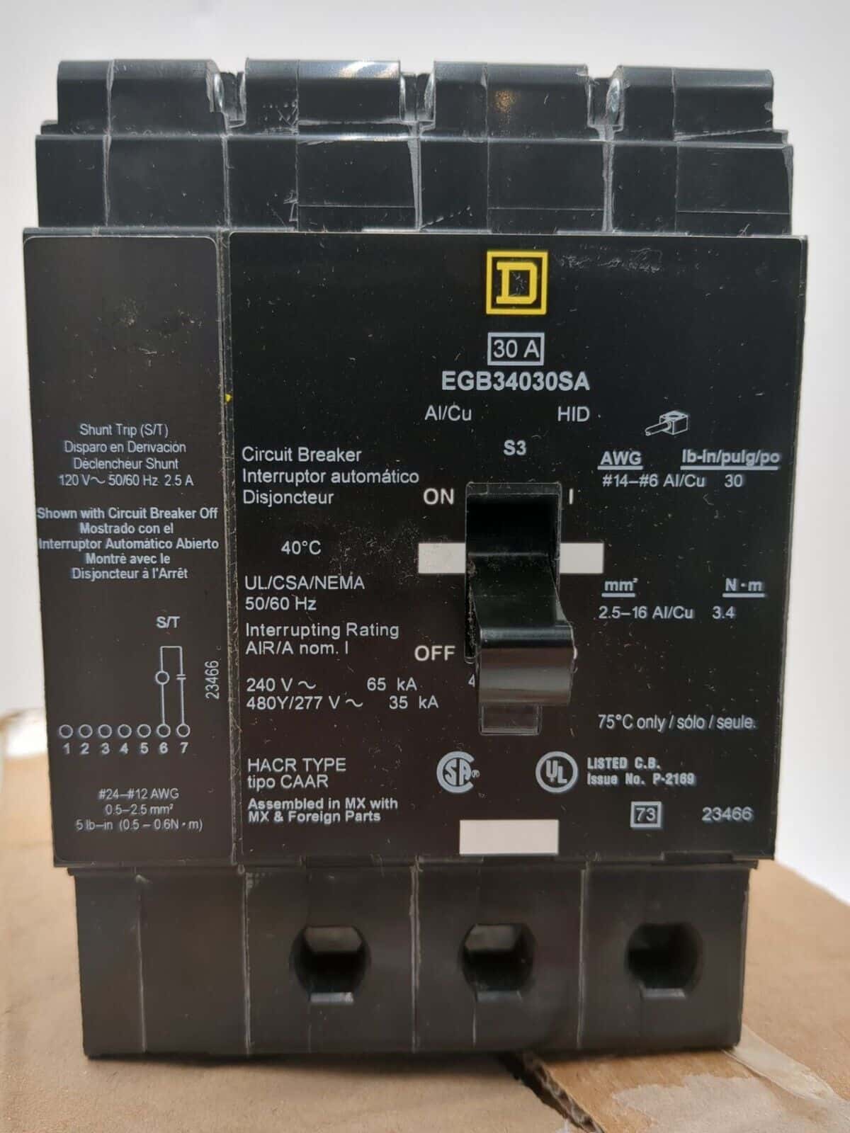 30 Amps, Square D #EGB34030SA, Circuit Breaker, 3-Pole, 480 Volts, Shunt Trip, Bolt-On, NEW - Image 1