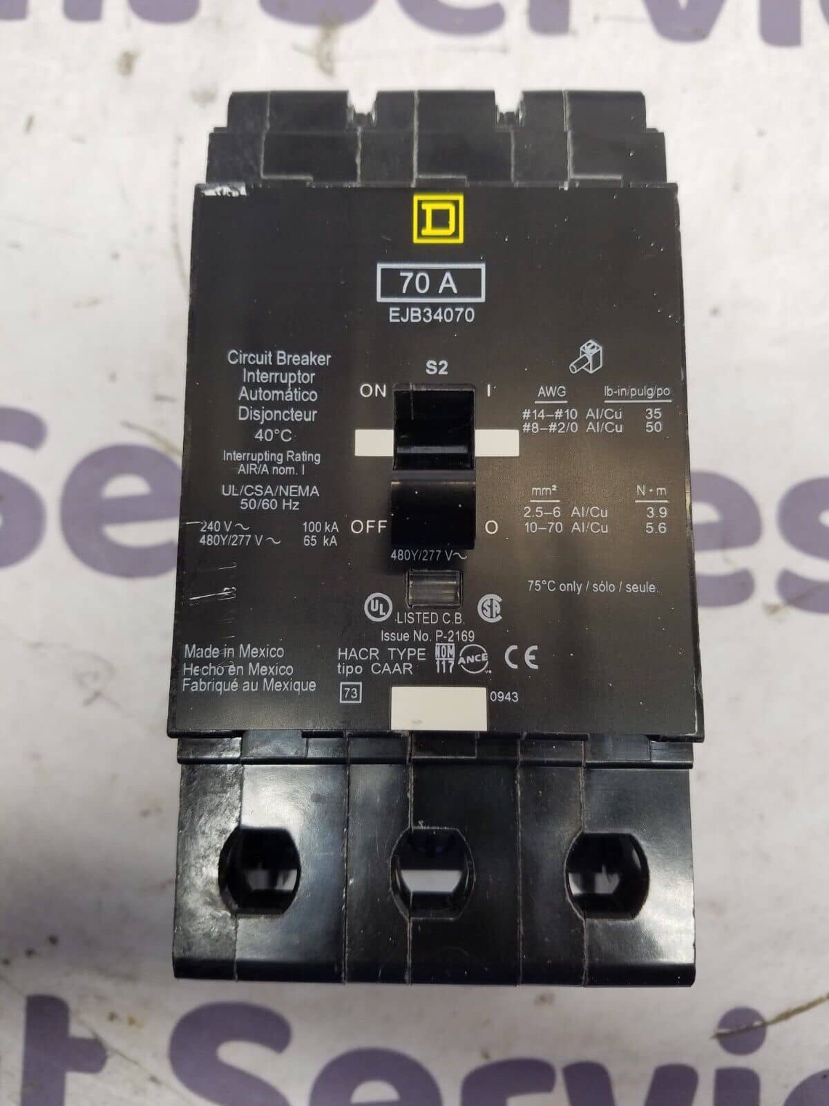 70 Amps, Square D #EJB34070, Circuit Breaker, 3-Pole, 480 Volts, Bolt-On - Image 2