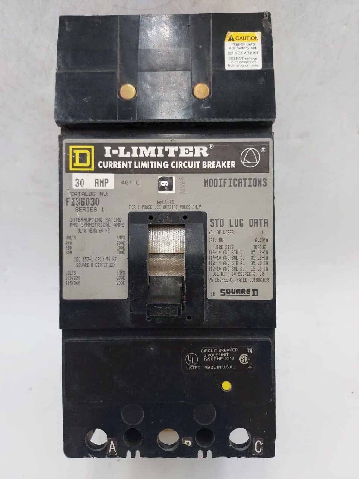 30 Amps, Square D #FI36030, I-Line Circuit Breaker, 3-Pole, 600 Volts - Image 1