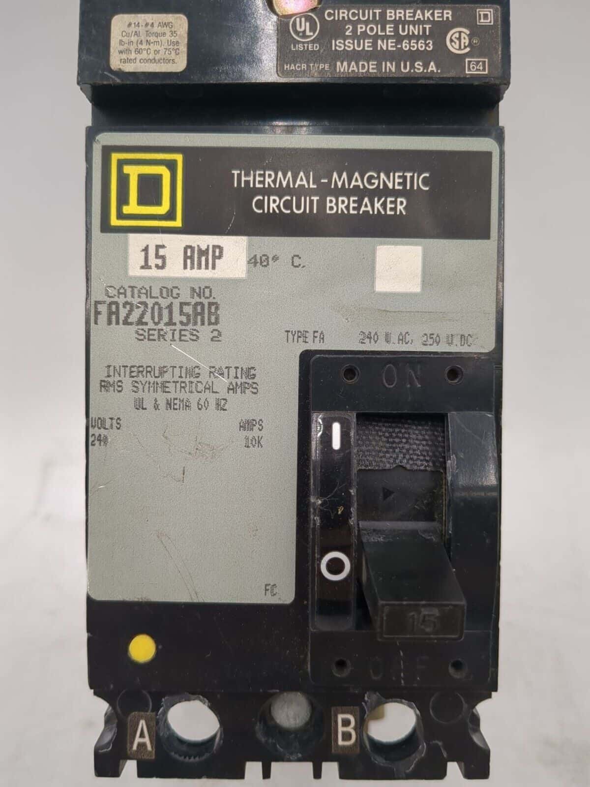 15 Amps, Square D #FA, Circuit Breaker, 2-Pole, 240 Volts - Image 2