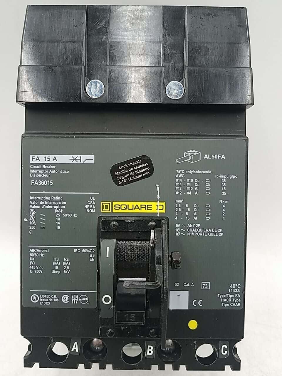 15 Amps, Square D #FA36015, I-Line Circuit Breaker, 3-Pole, 600 Volts (2 available) - Image 1