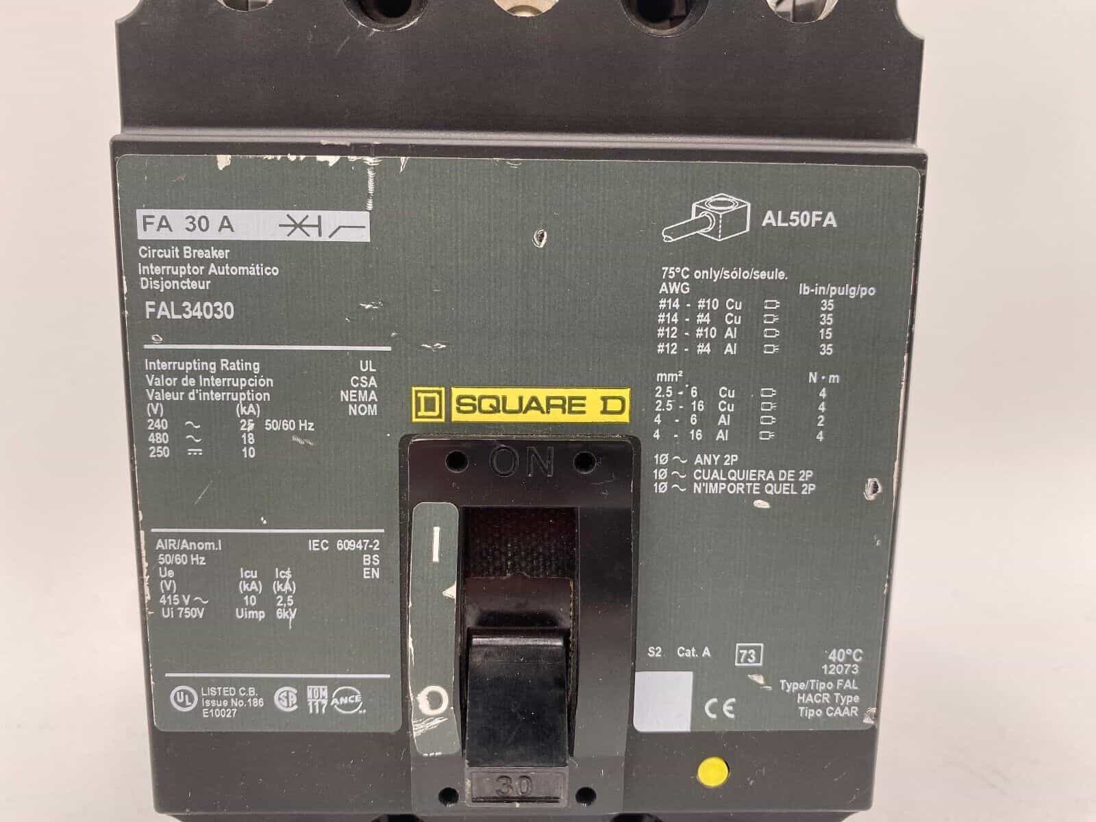 30 Amps, Square D #FAL34030, Circuit Breaker, 3-Pole, 480 Volts, Bolt-On - Image 2