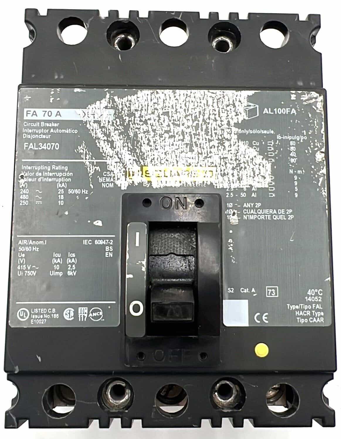 70 Amps, Square D #FAL34070, Circuit Breaker, 3-Pole, 480 Volts, Bolt-On (2 available) - Image 1