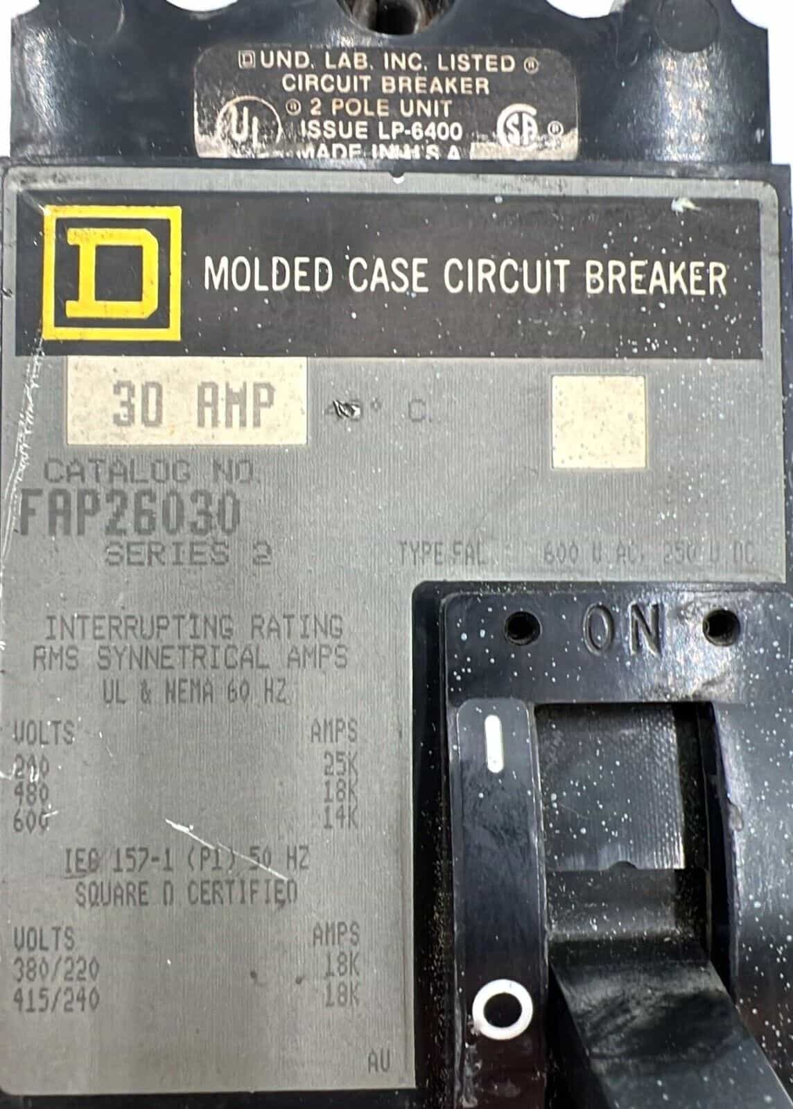 30 Amps, Square D #FAP26030, Circuit Breaker, 2-Pole, 600 Volts, Bolt-On - Image 2