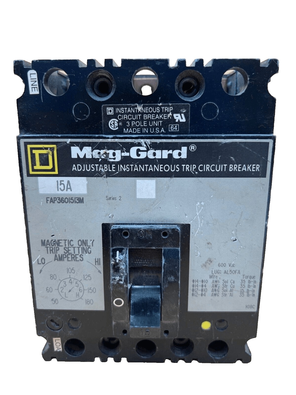 15 Amps, Square D #FAP3601513M, Circuit Breaker, 3-Pole, 600 Volts, Lug to Lug - Image 1