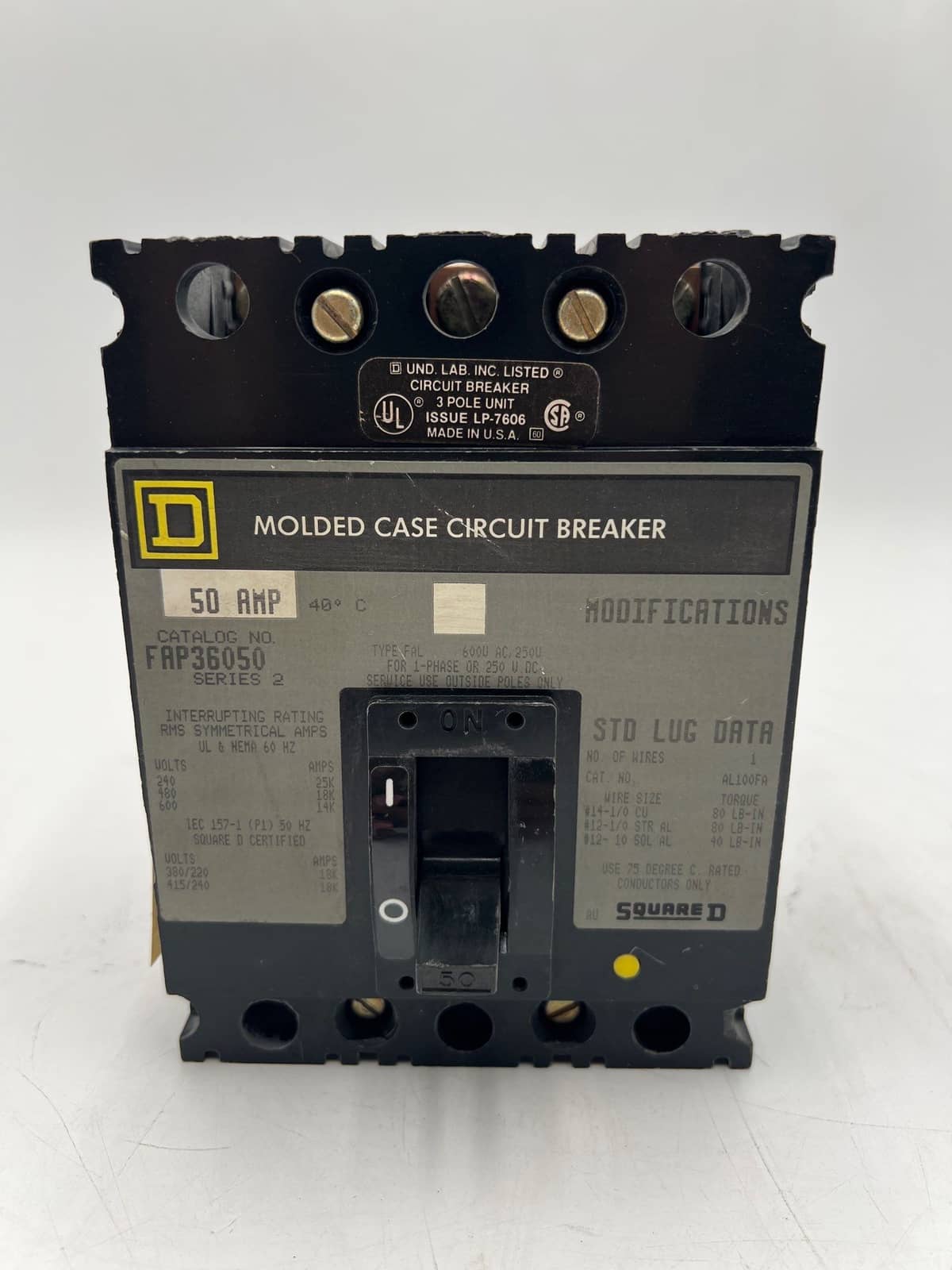50 Amps, Square D #FAP36050, Circuit Breaker, 3-Pole, 600 Volts, Lug to Lug - Image 1