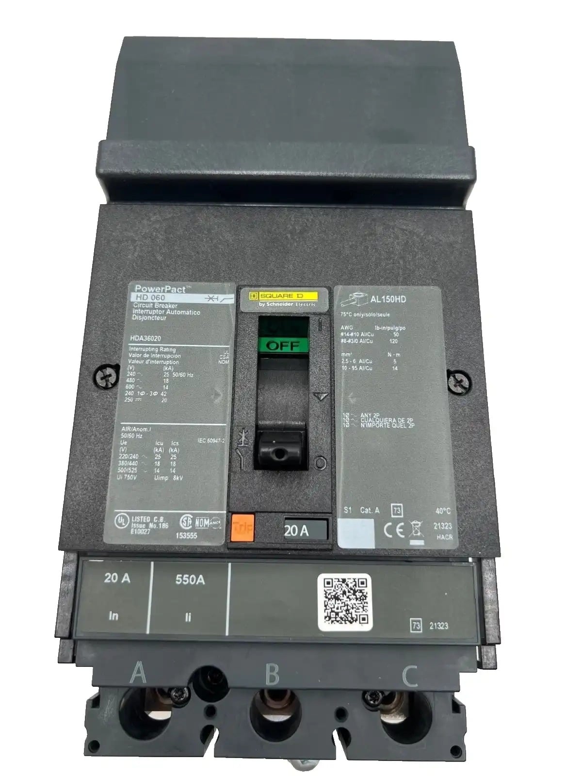 20 Amps, Square D #HDA36020, I-Line Circuit Breaker, 3-Pole, 600 Volts, NEW - Image 2
