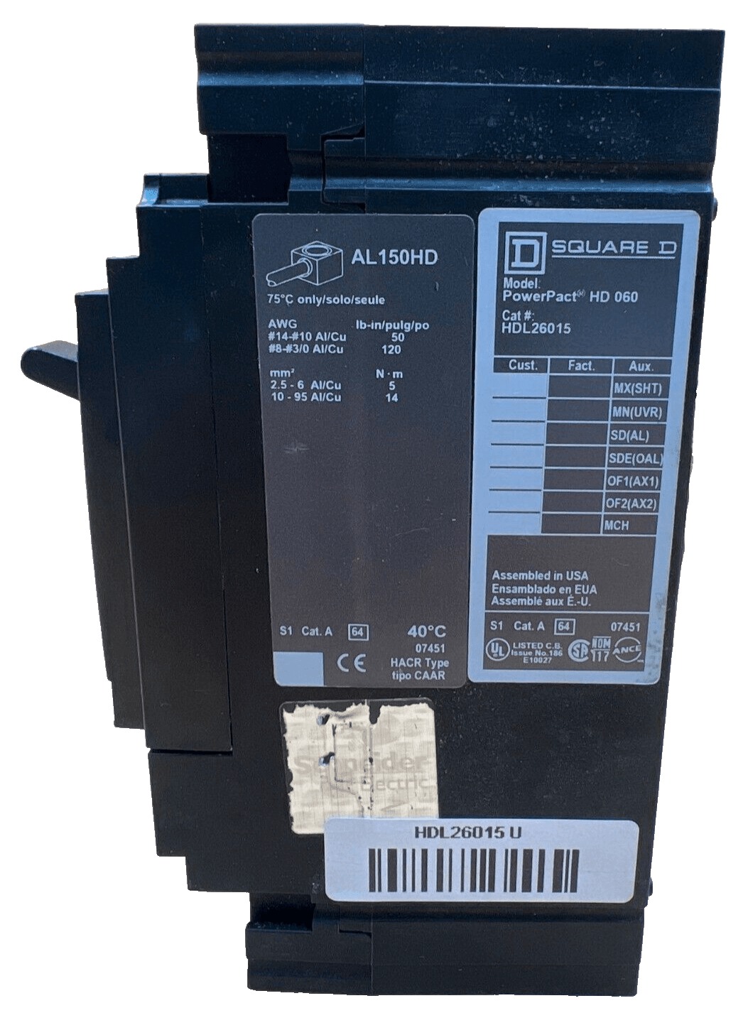 15 Amps, Square D #HDL26015, Circuit Breaker, 2-Pole, 600 Volts - Image 2