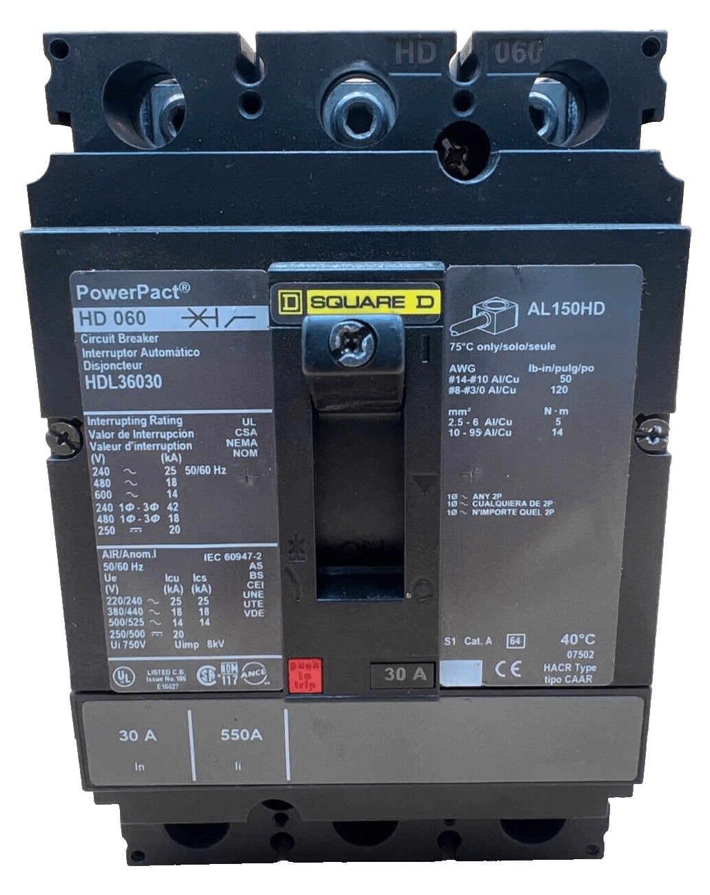 30 Amps, Square D #HDL-36030, Circuit Breaker, 3-Pole, 600 Volts - Image 1