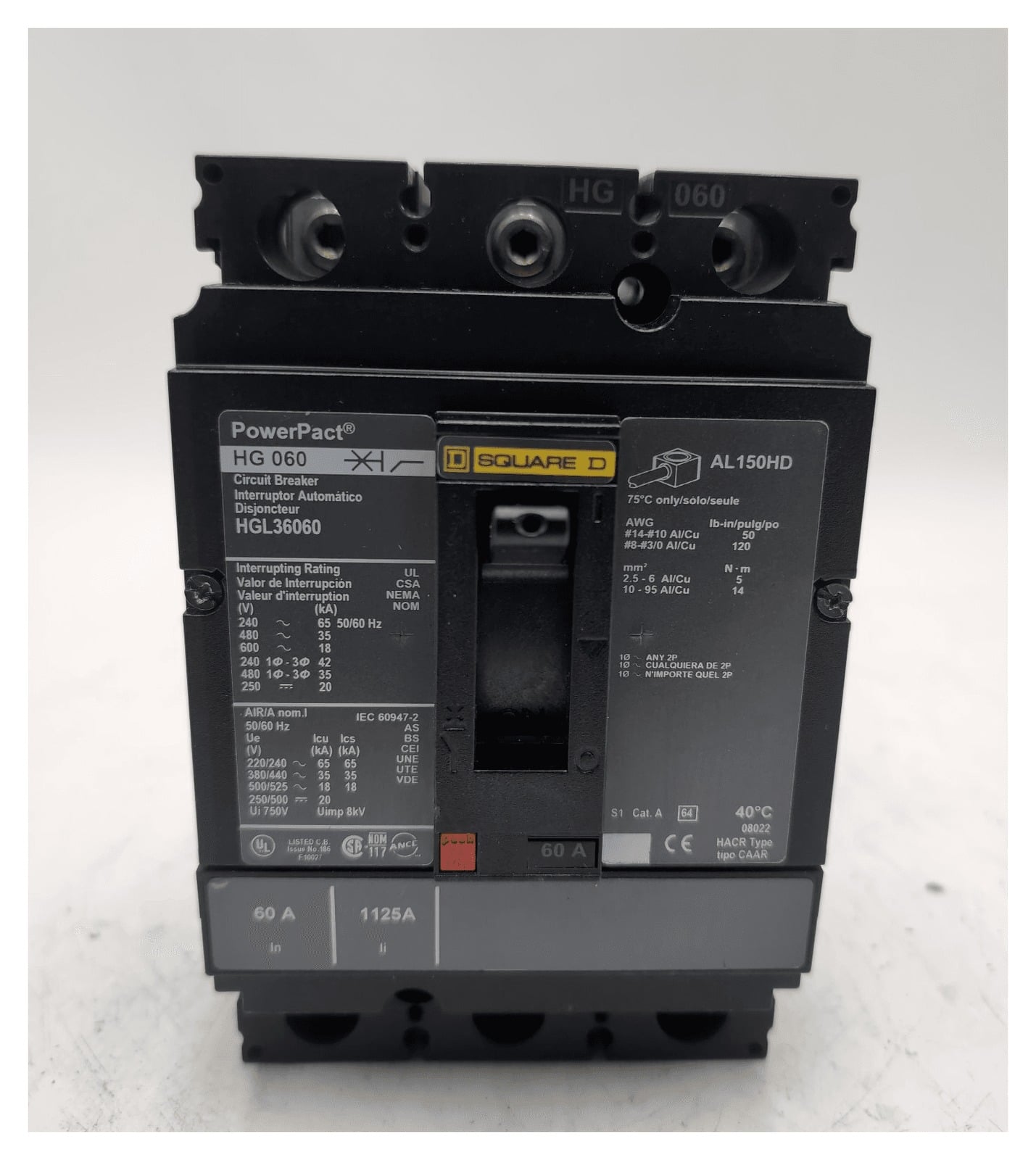 60 Amps, Square D #HGL36060, Circuit Breaker, 3-Pole, 600 Volts - Image 1