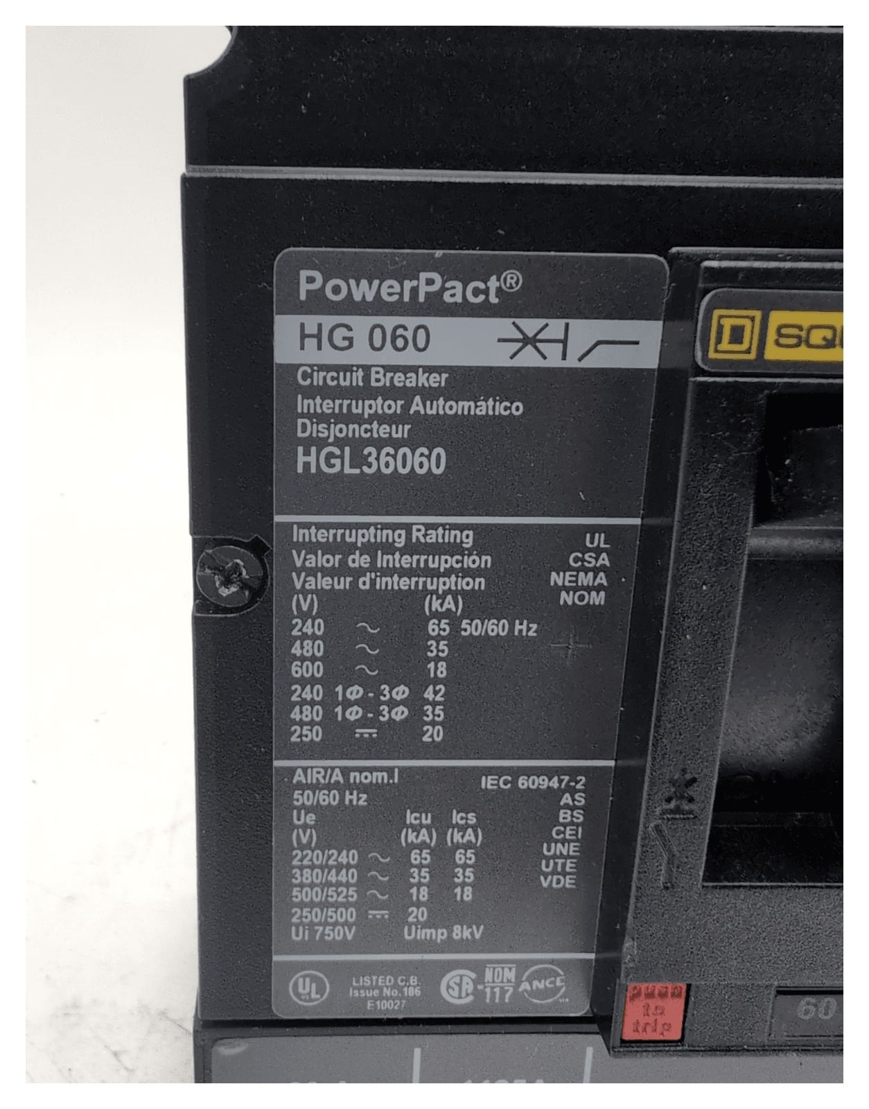 60 Amps, Square D #HGL36060, Circuit Breaker, 3-Pole, 600 Volts - Image 2