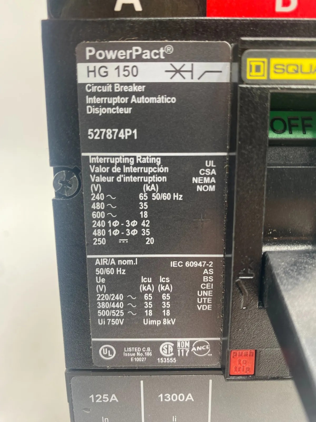 125 Amps, Square D #HGL36125, Circuit Breaker, 3-Pole, 600 Volts - Image 2