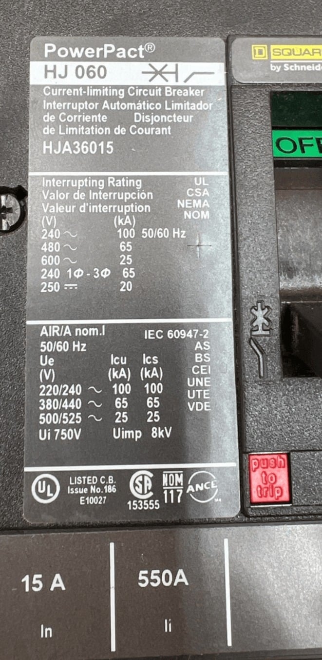 15 Amps, Square D #HJA36015, I-Line Circuit Breaker, 3-Pole, 600 Volts - Image 2