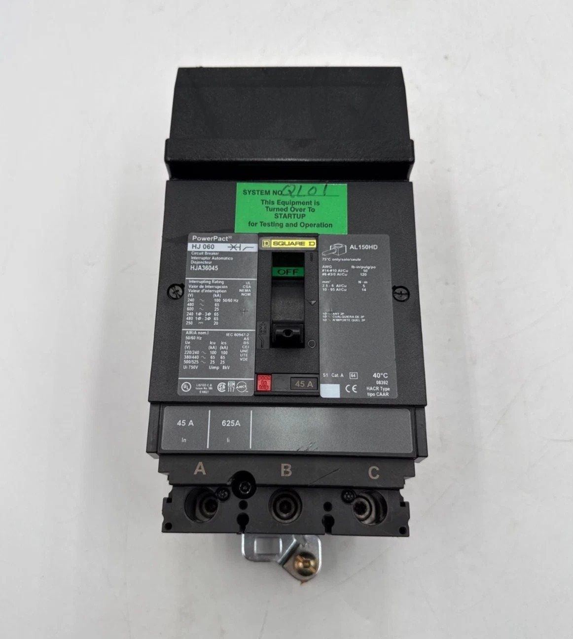 45 Amps, Square D #HJA36045, I-Line Circuit Breaker, 3-Pole, 600 Volts - Image 1