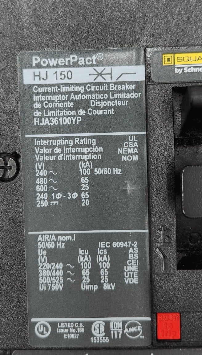 100 Amps, Square D #HJA36100YP, PowerPact Circuit Breaker, 600 Volts - Image 2