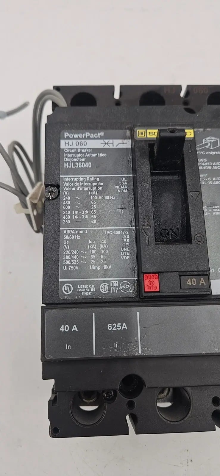 40 Amps, Square D #HJL36040, PowerPact Circuit Breaker, 3-Pole, 600 Volts - Image 2