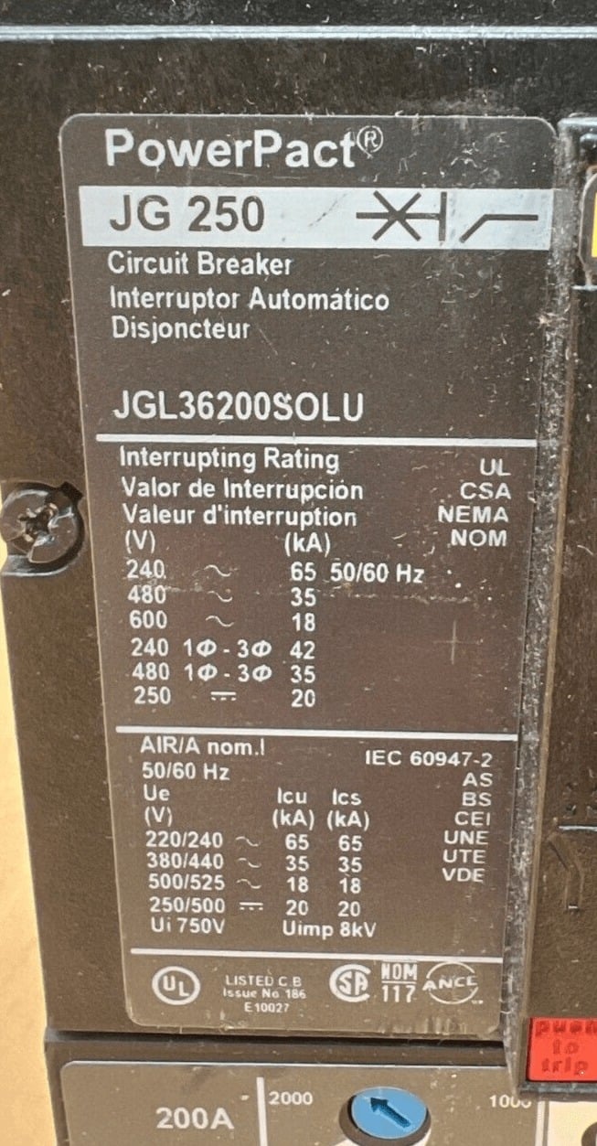 200 Amps, Square D #JGL36200SOLU, Circuit Breaker, 3-Pole, 600 Volts, Lug to Lug - Image 2