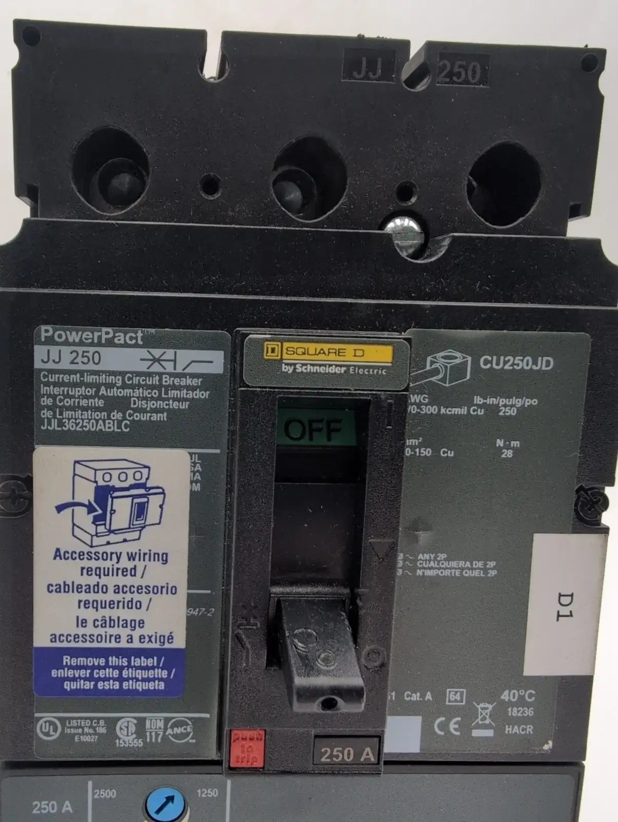 250 Amps, Square D #JJ250, Circuit Breaker, 3-Pole, 600 Volts, NEW - Image 2