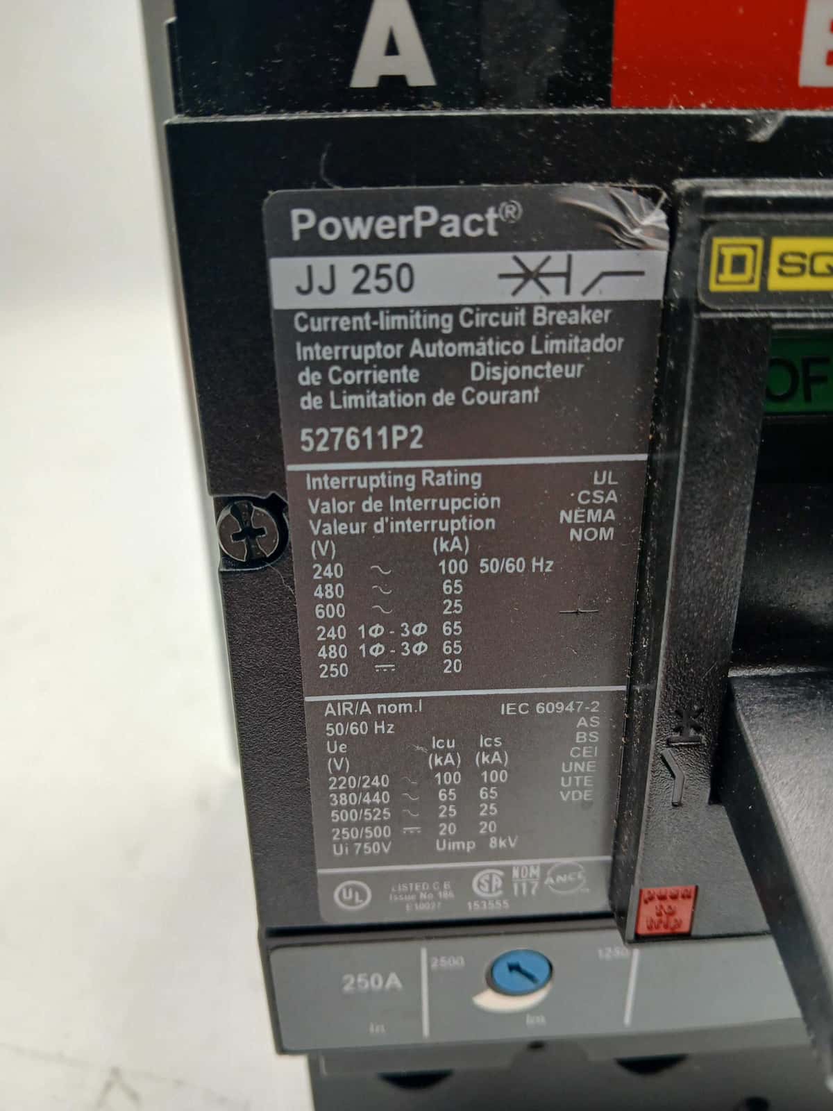 250 Amps, Square D #JJL36250, Circuit Breaker, 3-Pole, 600 Volts, Shunt Trip - Image 5