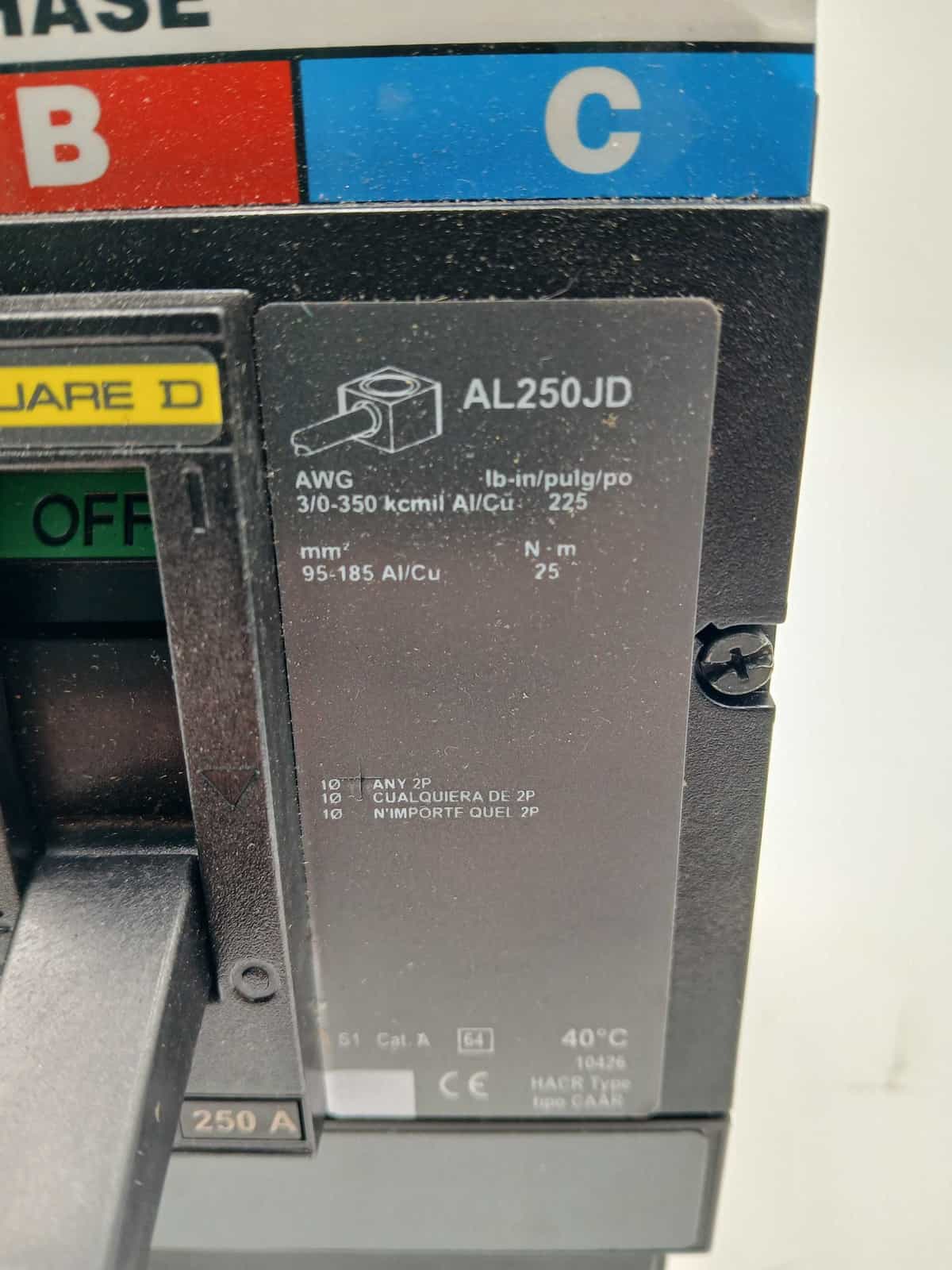 250 Amps, Square D #JJL36250, Circuit Breaker, 3-Pole, 600 Volts, Shunt Trip - Image 9