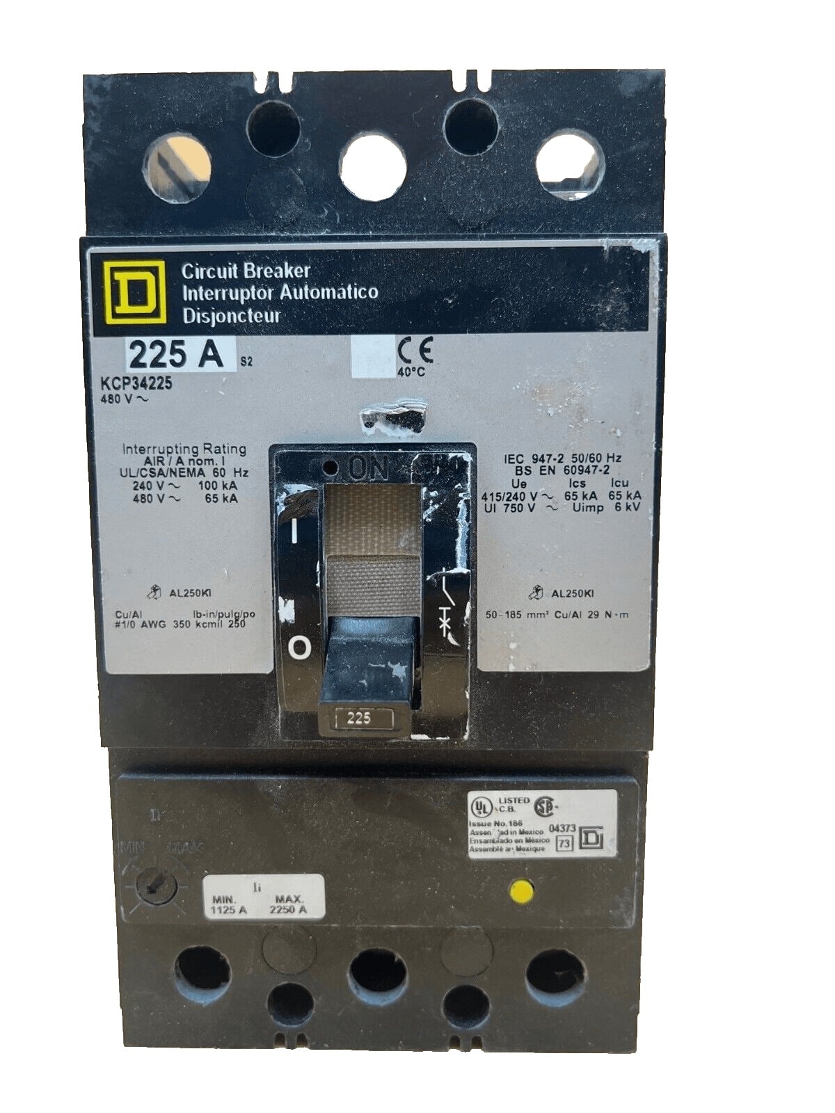 225 Amps, Square D #KCP34225, Circuit Breaker, 3-Pole, 480 Volts, Lug to Lug - Image 1