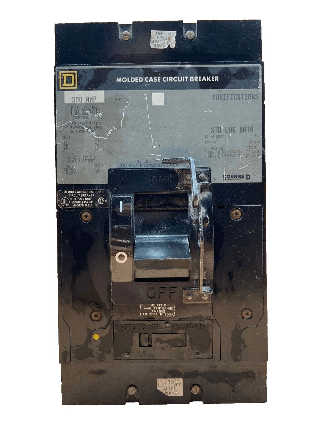 300 Amps, Square D #LAL36300, Circuit Breaker, 3-Pole, 600 Volts, Lug to Lug - Image 1
