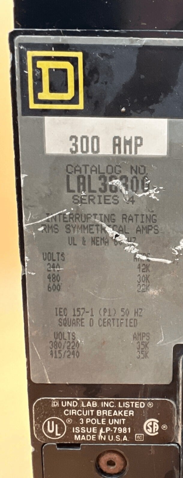 300 Amps, Square D #LAL36300, Circuit Breaker, 3-Pole, 600 Volts, Lug to Lug - Image 2