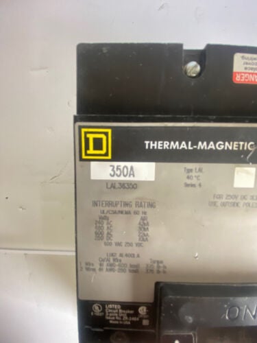 350 Amps, Square D #LAL36350, Circuit Breaker, 3-Pole, 600 Volts, Shunt Trip, Bolt-On - Image 2