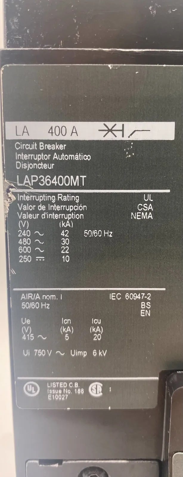 400 Amps, Square D #LAP36400MT, Circuit Breaker, 3-Pole, 600 Volts - Image 2