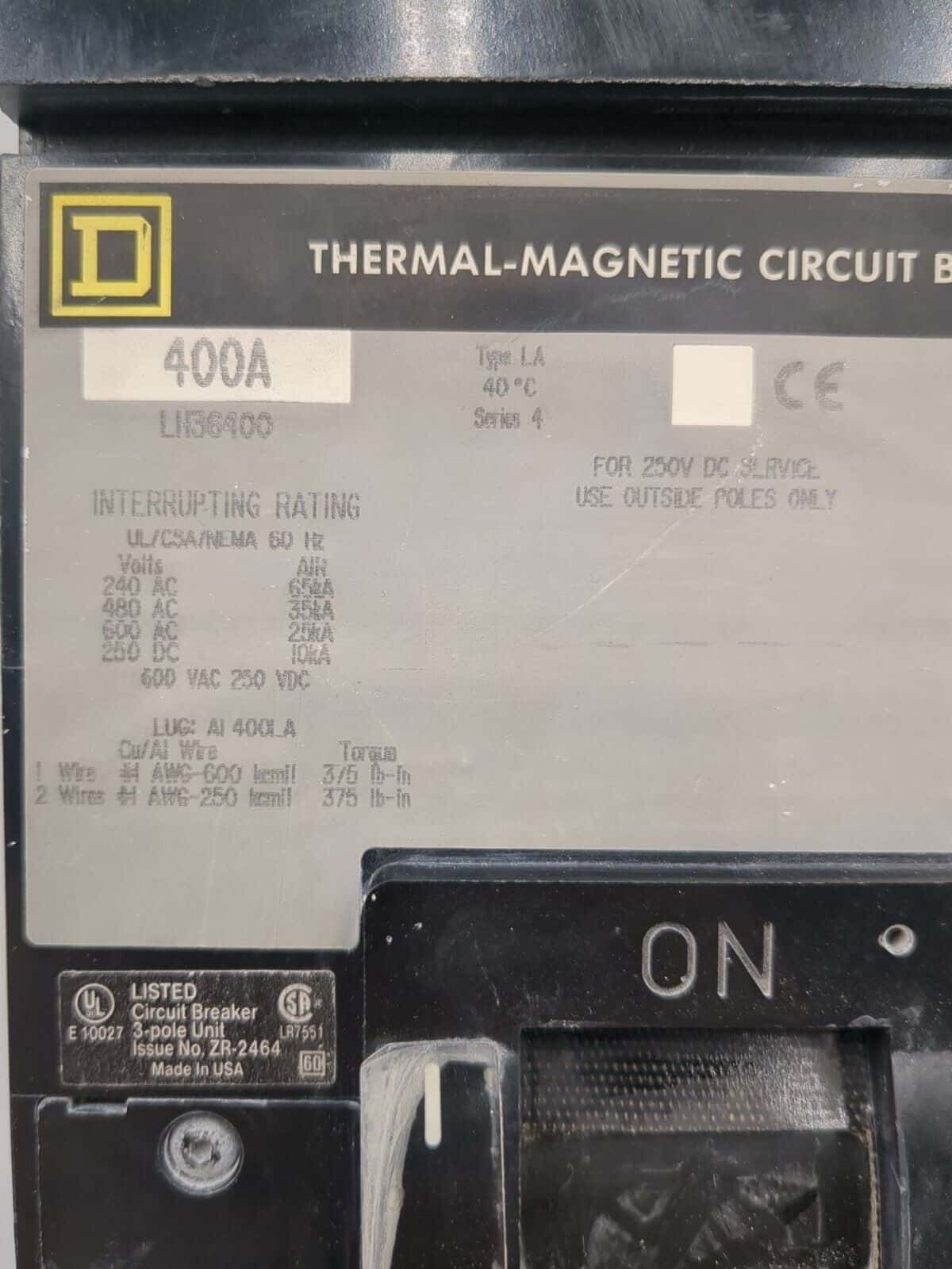 400 Amps, Square D #LH, Circuit Breaker, 3-Pole, 600 Volts - Image 2