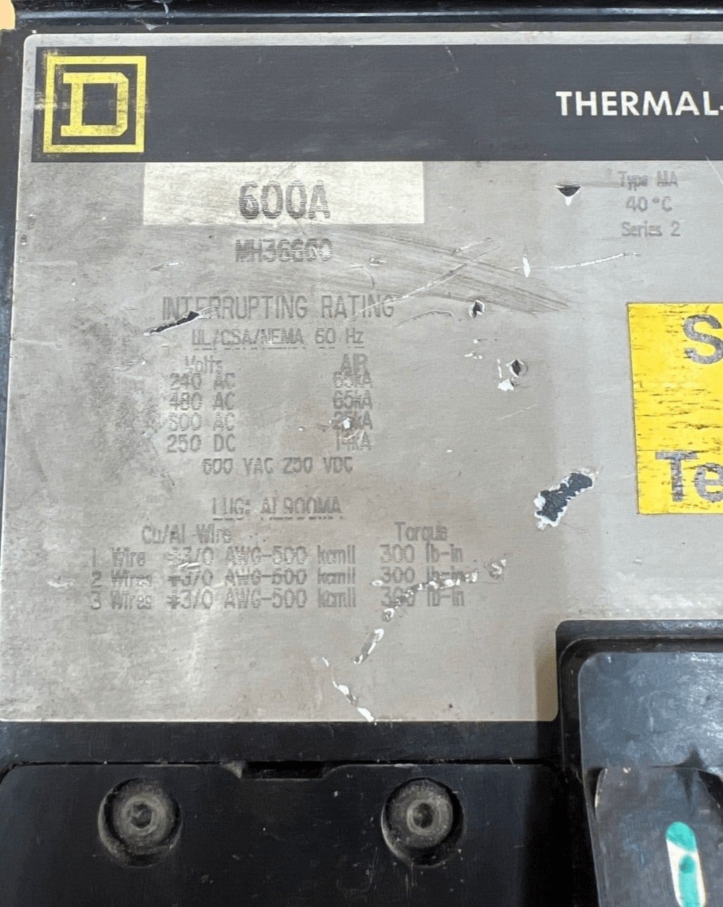 600 Amps, Square D #MH36600, I-Line Circuit Breaker, 3-Pole, 600 Volts - Image 2