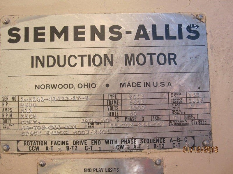 2500 HP 3600 RPM Siemens, Frame 6812, weather protected enclosure type 2, 4160 Volts - Image 1