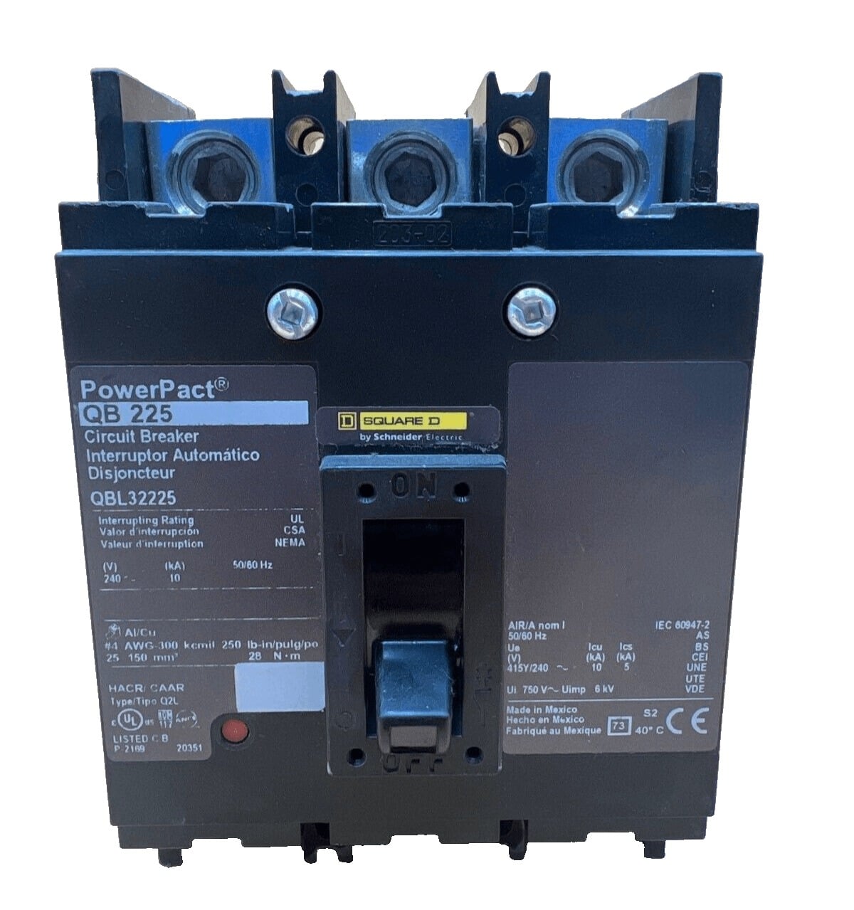 225 Amps, Square D #QBL32225, Circuit Breaker, 3-Pole, 240 Volts, Lug to Lug (2 available) - Image 1
