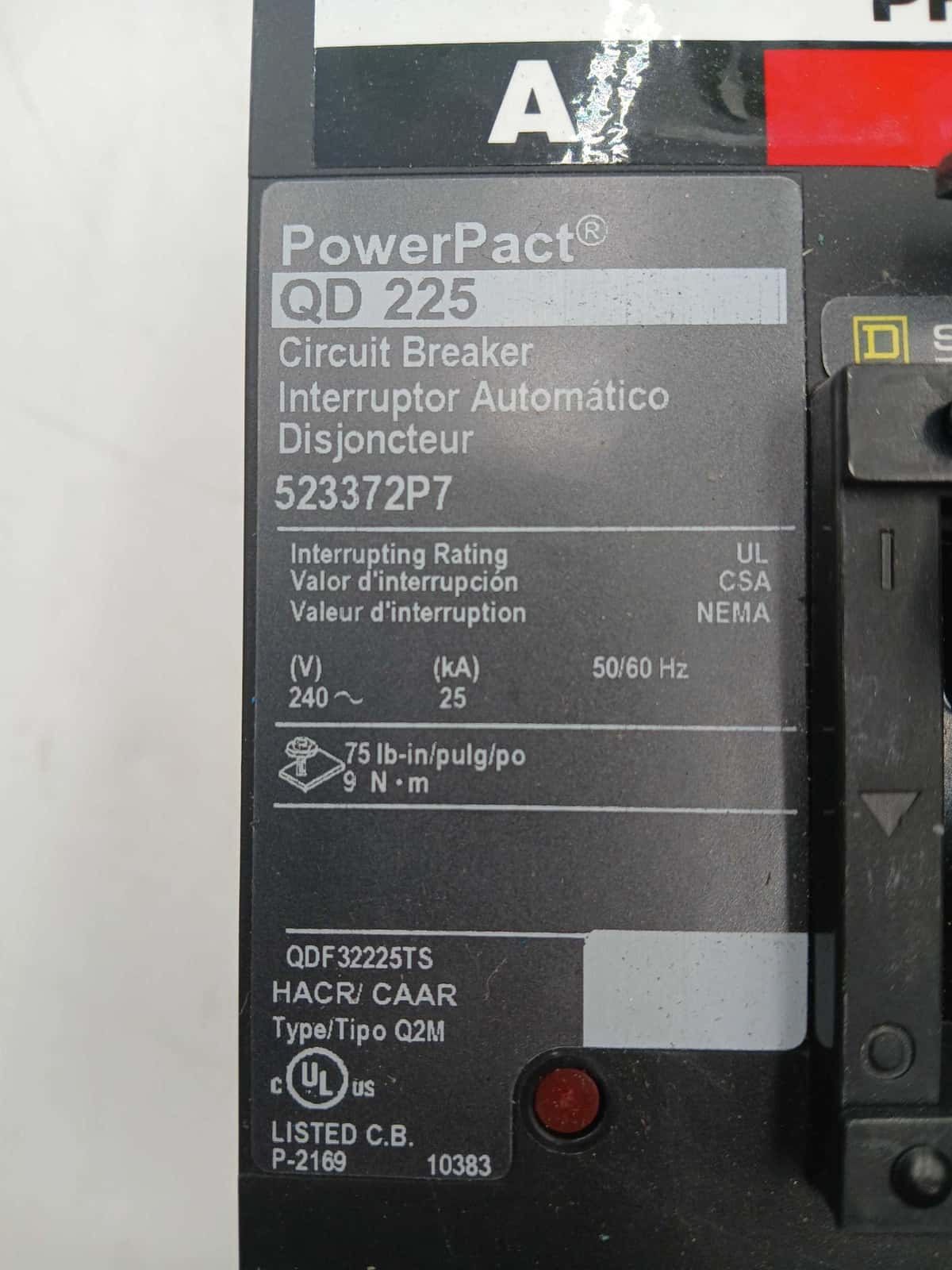 225 Amps, Square D #QDF32225TS, Circuit Breaker, 3-Pole, 240 Volts - Image 2