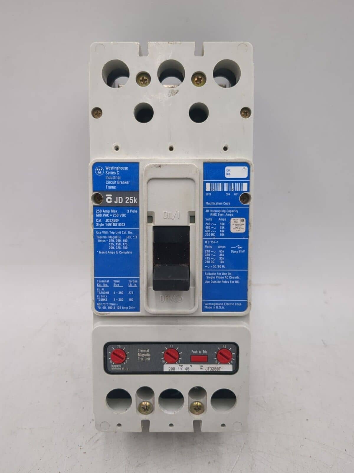 200 Amps, Westinghouse #JD3250, Circuit Breaker, 3-Pole, 600 Volts - Image 1
