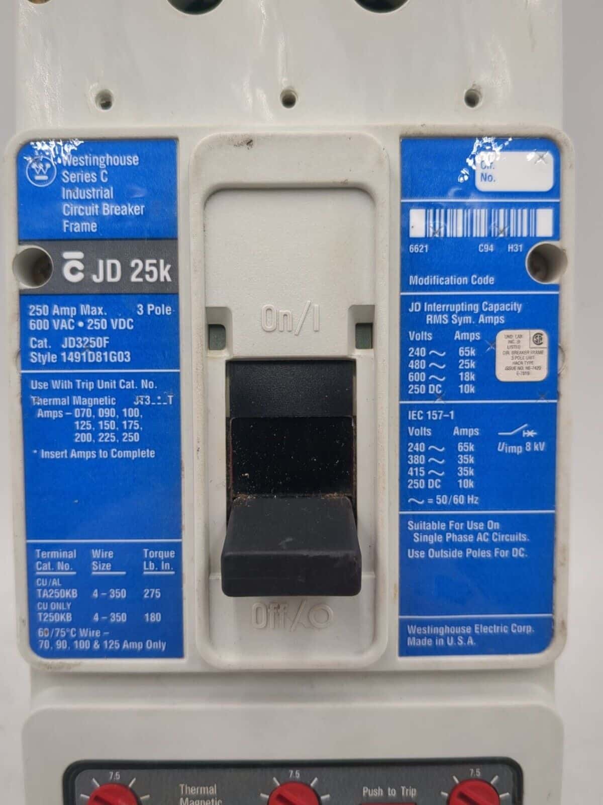 200 Amps, Westinghouse #JD3250, Circuit Breaker, 3-Pole, 600 Volts - Image 2