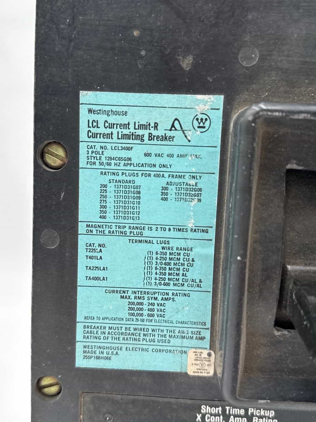 400 Amps, Westinghouse #LCL3400, Circuit Breaker, 3-Pole, 600 Volts - Image 2