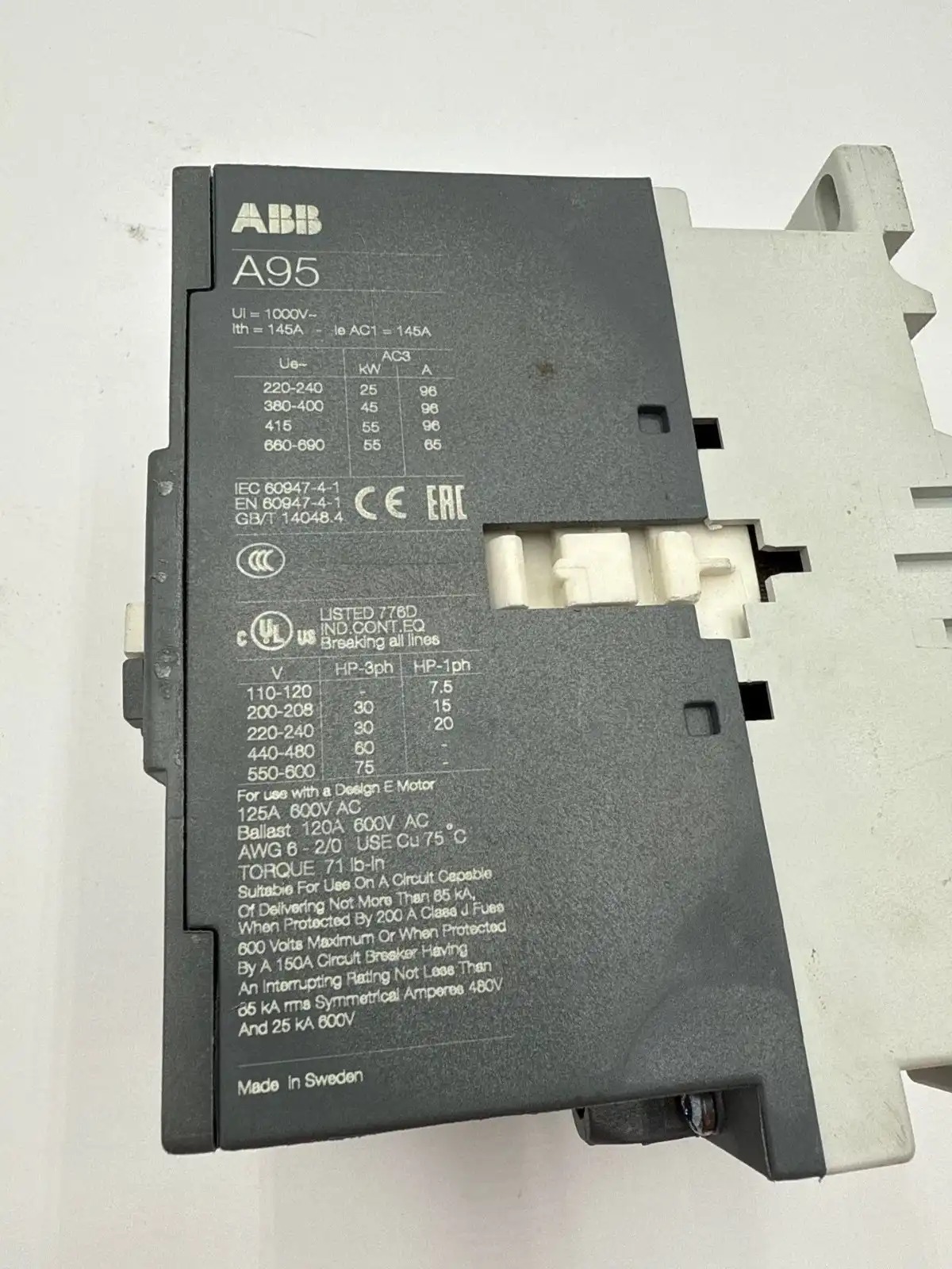 145 Amp. ABB #A95-30, Contactor, 3-Pole, 600 Volts, 3PH, 75 HP, 220-230 Volts Coil, 50 Hz., 230-240 Volts, 60 - Image 4