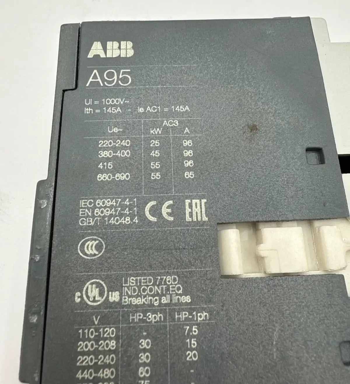 145 Amp. ABB #A95-30, Contactor, 3-Pole, 600 Volts, 3PH, 75 HP, 220-230 Volts Coil, 50 Hz., 230-240 Volts, 60 - Image 5