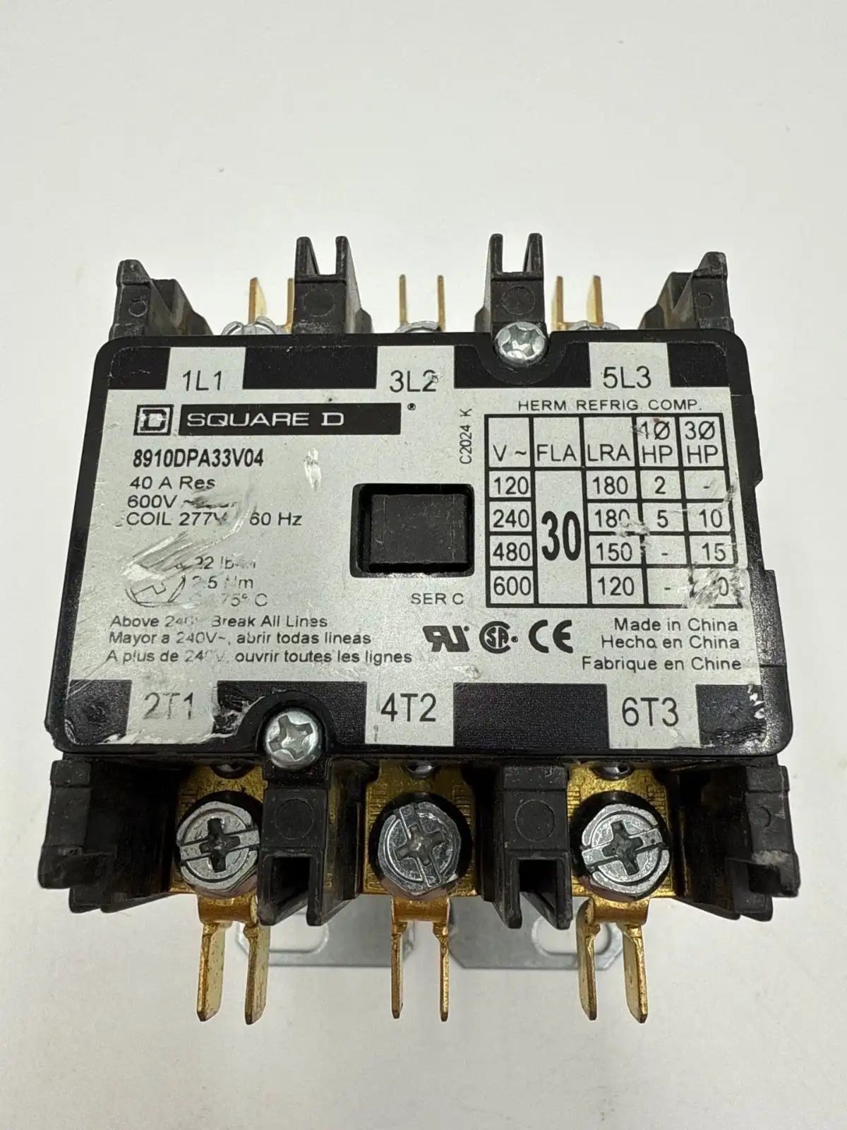 40 Amp. Square D #8910DPA33V04, Definite Purpose Contactor, 3-Pole, 600 Volts, 277 Volts Coil, 3PH, 20 HP - Image 3