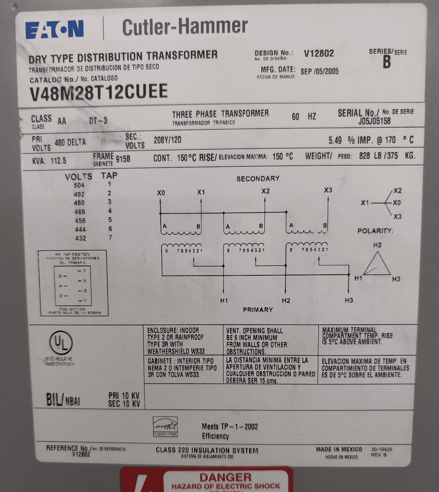 112.5 KVA 480 Primary, 208/120 Secondary, Eaton #V48M28T12CUEE, Dry Type Transformer, 3 Phase, NEMA 1 - Image 6