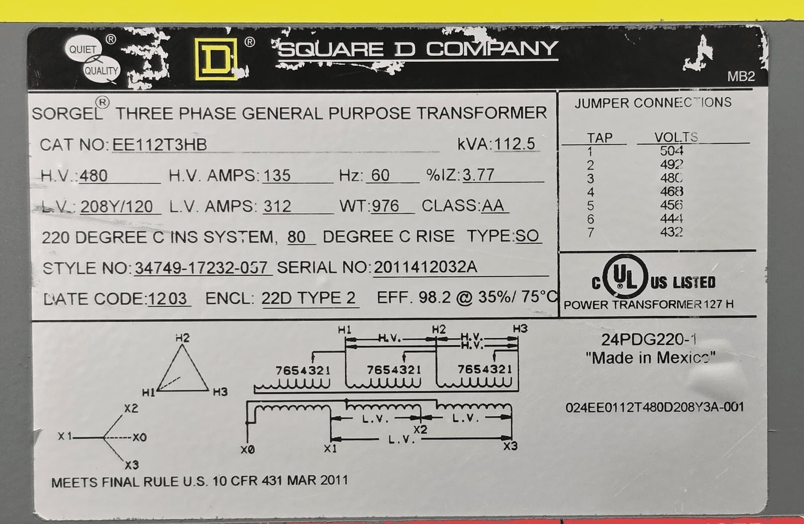 112.5 KVA 480 Primary, 208/120 Secondary, Square D #EE112T3HB, Dry Type Transformer, 3 Phase, NEMA 1 - Image 4