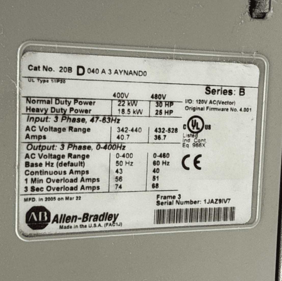 30 HP Allen-Bradley #20BD040A3AYNAND0, PowerFlex 700 AC Drive, 22 KW, 480 Volts, 3PH, 47-63 Hz. - Image 3